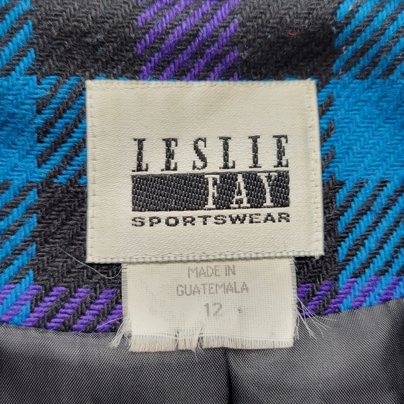 Leslie Fay Blazer Women Size 12 Blue Purple Black Check Pockets Long Wool Blend - Picture 4 of 10